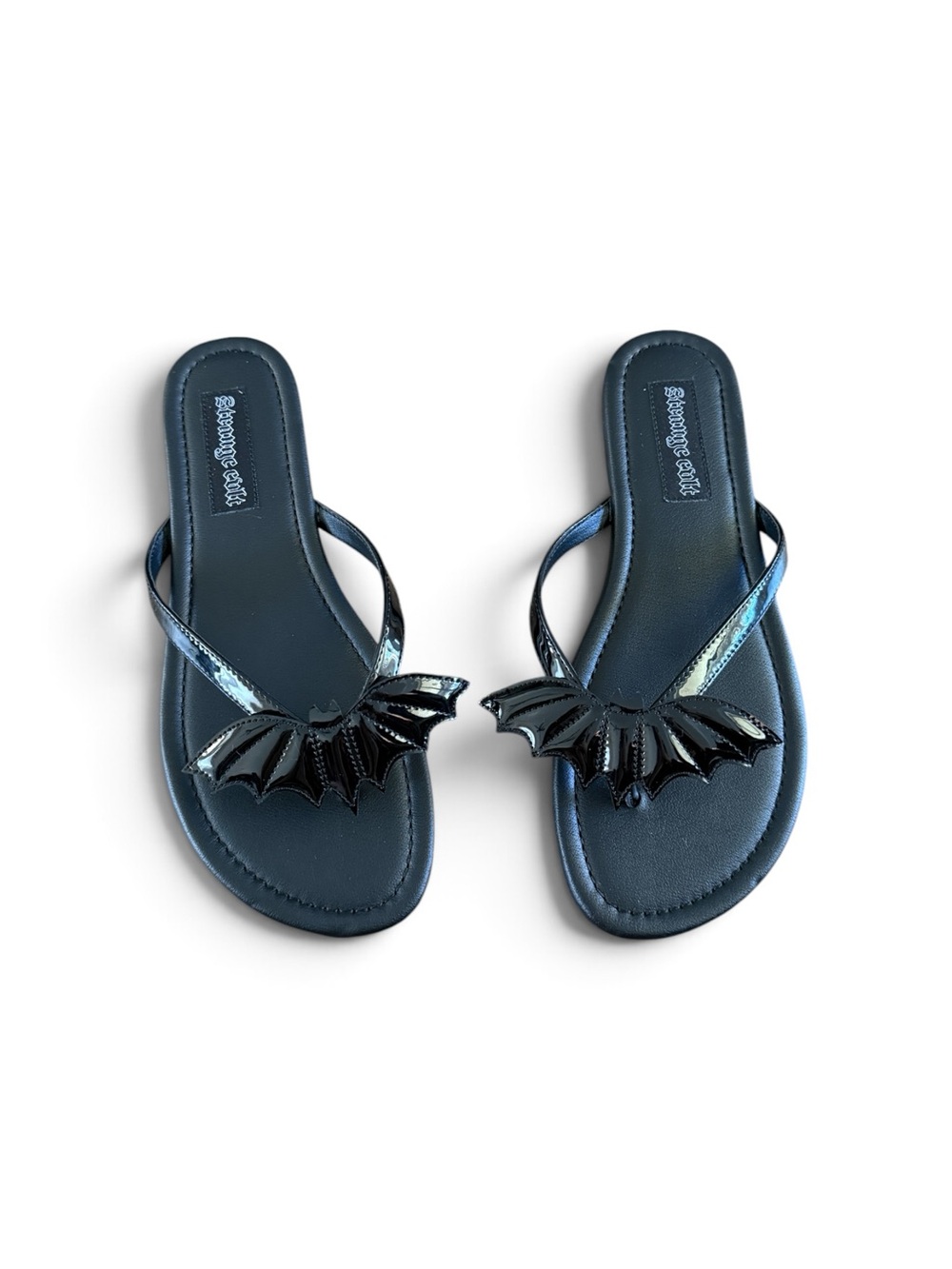 NWOT Strange Cvlt Black Betty Black Patent Leather Women’s Flip Flop Sandals 8